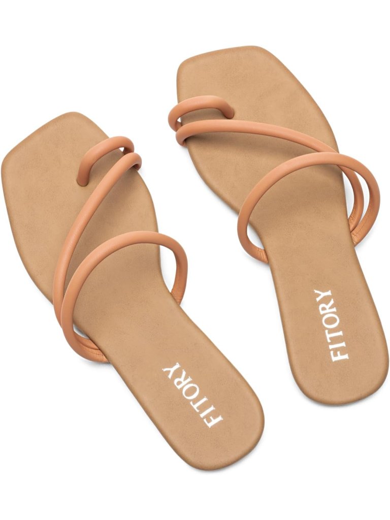 Women's Camel Summer Cross Strap Fashionable Toe Ring Thong Open Toe Slide Flats